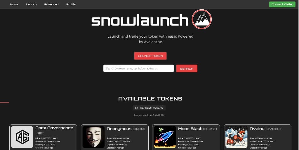Home & token marketplace — Snowlaunch
